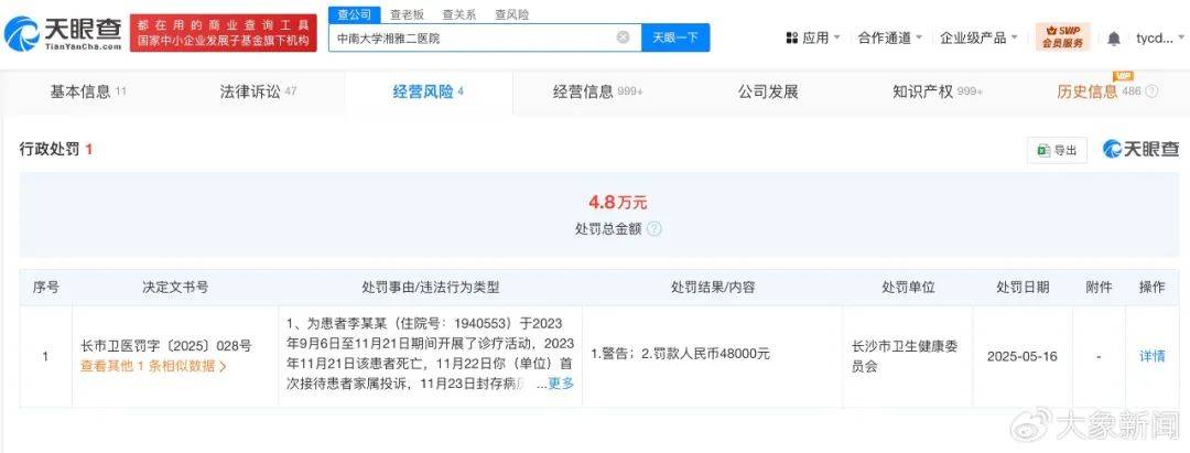 罗帅宇父亲曾称有人想用1500万元封口，湘雅二院此前因瞒报医疗纠纷被处罚